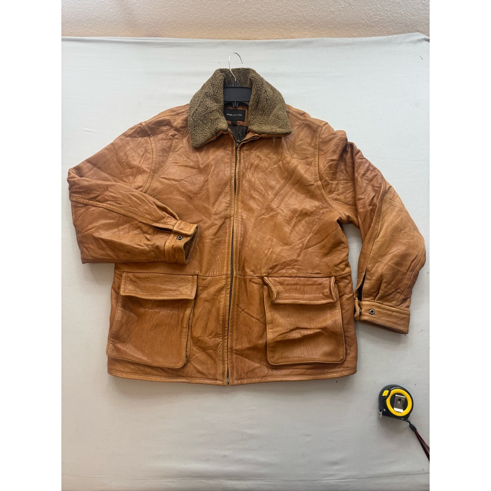 Jones New York Mens Leather Field Jacket Tan Brown Sherpa Collar Size XL